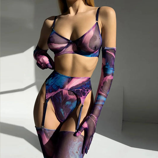 Free Shipping For Trendy Tie-Dye Lingerie Set - Lace Bra, Stockings, Gloves (S-L)