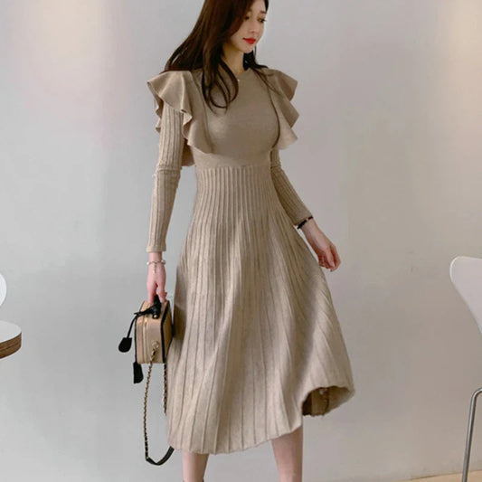 Free shipping for Vintage Elegant O-Neck Female Thicken Knit Long Dress Slim Full Sleeve Ruffles Women Sweater Dresses Vestidos Autumn Winter