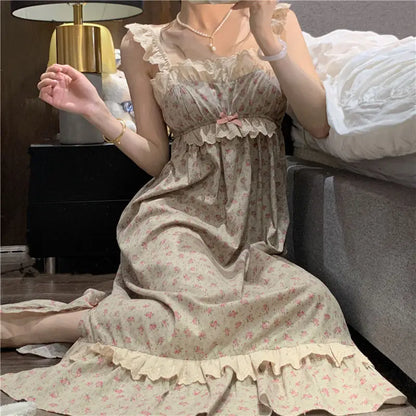 Free shipping for Korean Kawaii Princess Nightdress Women Summer Sleeveless Ruffles Printed Princess Nightgowns Sweet Girl Pajama Sleepwear Homewear Underwear