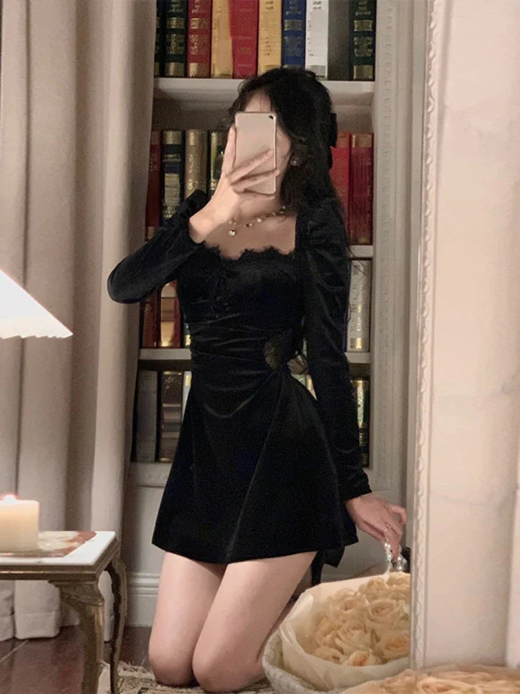 Free shipping for Autumn Black Velvet Midi Dress Casual Korean Fashion Elegant Party Dress Woman Long Sleeve Vintage Lace Dress Slim Design