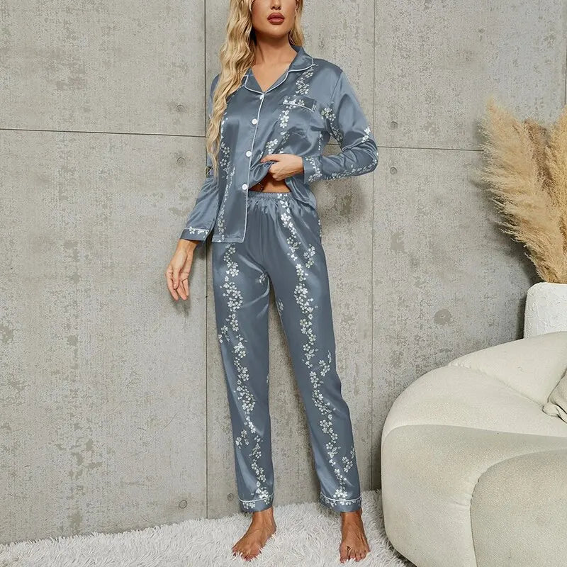 Free Shipping For Long Sleeve Pajamas Set - Button-Down Print Shirt with Trousers (S-XL)