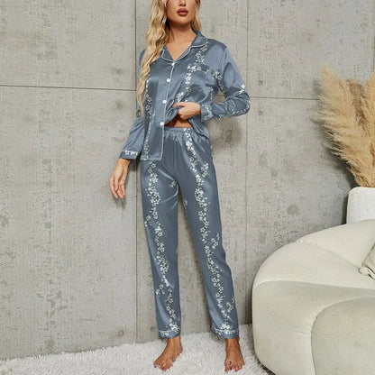 Free Shipping For Long Sleeve Pajamas Set - Button-Down Print Shirt with Trousers (S-XL)