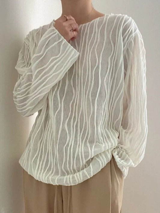 Free shipping for Korean Chic O-neck Shirt for Women 3D Striped Design Elegant Long Sleeve Loose Female Blouses Tops 2024 Autumn