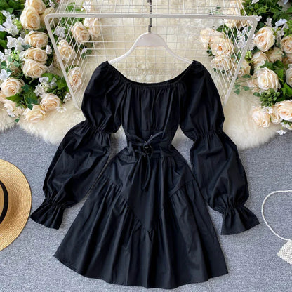 Free shipping for Autumn Dress Elegant Gothic Women White Black Bandage Mini Dress Sexy Off Shoulder Long Sleeve Korean Party Vestidos