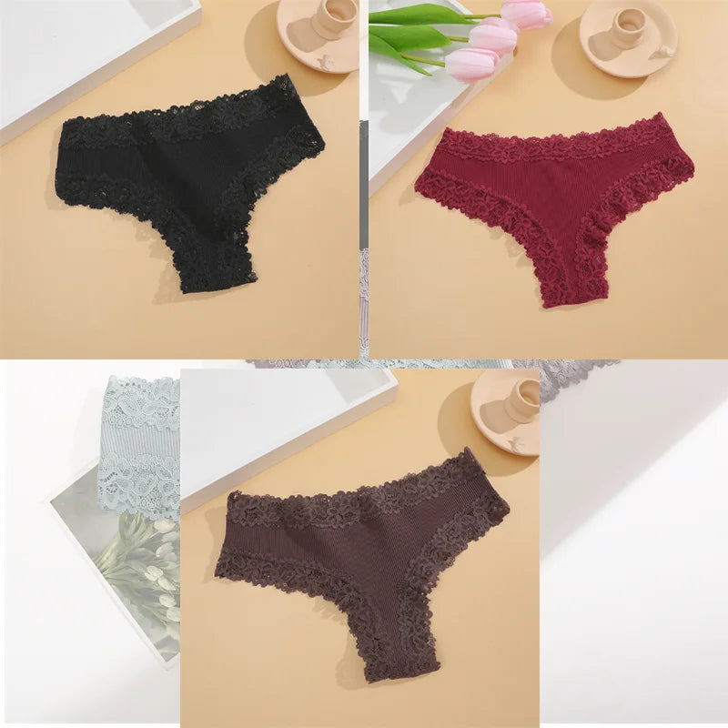 Free Shipping For Lace Brazilian Trio - 3Pcs Low Waist Cotton Panties Set (S-XL)