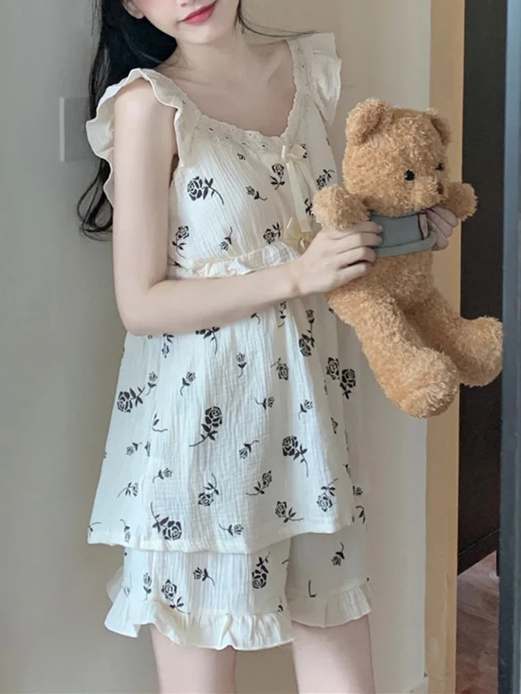 Free shipping for Print Rose Pattern Simple Sweet Sleeveless Korean Fashionable Sling Pajama Set Women Loose Home Kawaii Elegant Sleepwear Ins