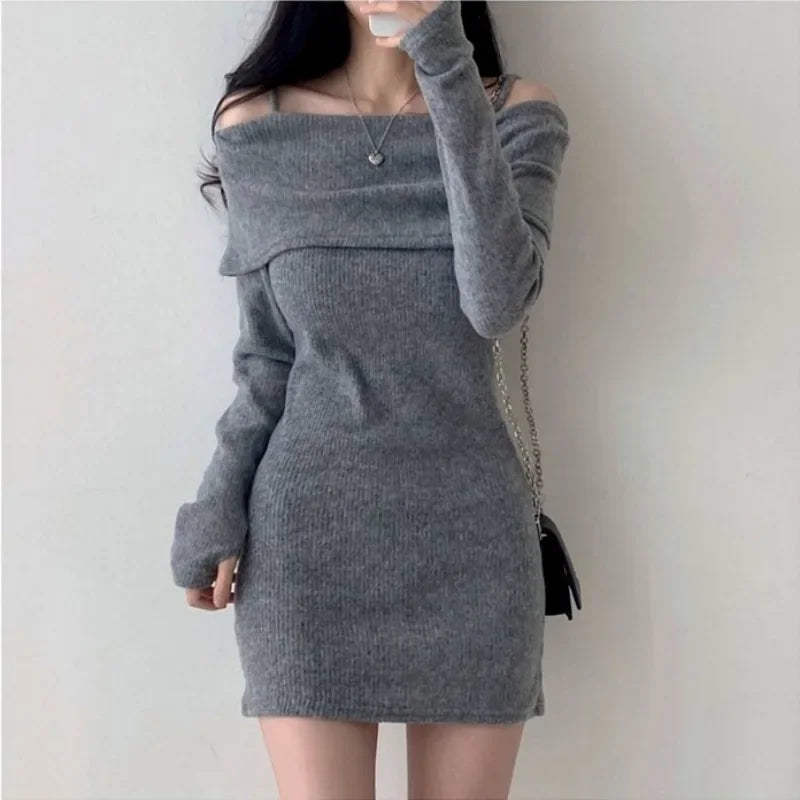 Free shipping for Off Shoulder Suspender Lapel Knit Dress Women Korean Sexy Slim Bottomed Mini Dresses Autumn Winter Solid Suspender Sweater Dress