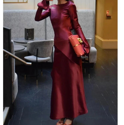 Free shipping for Articat Elegant Christmas Evening Dress Women Long Sleeve Dress Bodycon Max Female Vestidos High Grade Satin Party Club Clothing