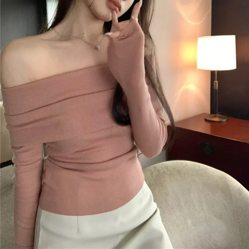 Free shipping for Black Solid Off Shoulder Elegant Long Sleeve Tops Korean Fashion Slim Sexy Cropped T Shirt Women Autumn Y2k Clothing Skinny Top