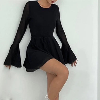 Free shipping for Autumn Black Mini Dress Women New Sexy Backless Flare Sleeve Belt Bandage Mesh O-Neck A-LINE Dress Elegant Casual Club Partywear