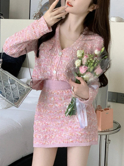 Free shipping for Two Piece Dress Set Sweet Cardigan Sweater + Slim Skirt Pink Elegant  Mini Dress Autumn Office Lady Casual Knitted Suits