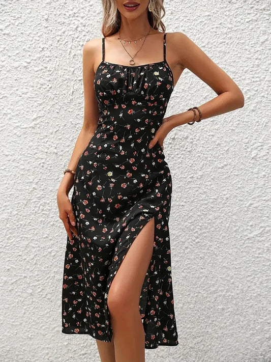 Floral Print Boho Beach Dress – Spaghetti Straps, Square Neck, Backless, Mid-Calf