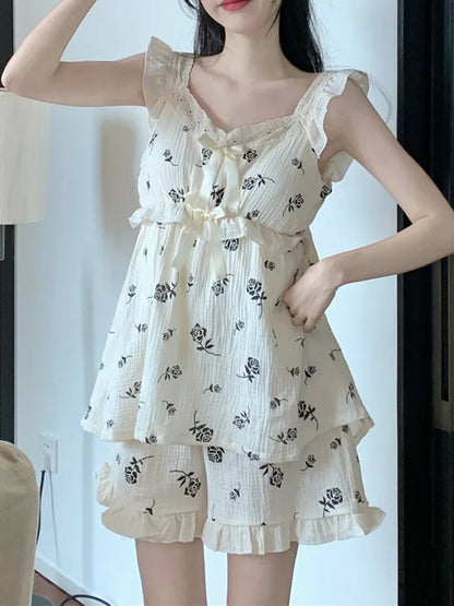 Free shipping for Print Rose Pattern Simple Sweet Sleeveless Korean Fashionable Sling Pajama Set Women Loose Home Kawaii Elegant Sleepwear Ins