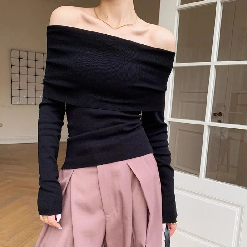 Free shipping for Black Solid Off Shoulder Elegant Long Sleeve Tops Korean Fashion Slim Sexy Cropped T Shirt Women Autumn Y2k Clothing Skinny Top