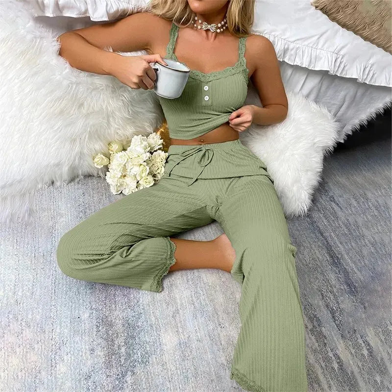 Summer Lace Suspenders Pajama Set - Casual & Elegant Lounge Wear (M-XL)