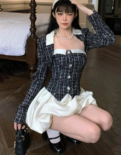 Free shipping for Korean Elegant Tweed 2 Piece Dress Set Black Short Blazer Coat Sweet Y2k Mini Dresses Women Autumn Fashion Suit OL Clothes