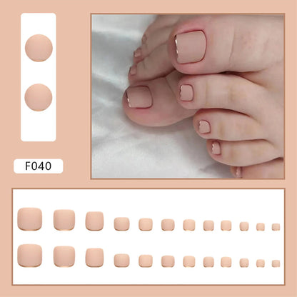 Summer French Toe Nails Set Press On Short Square Acrylic Nail Kits Wearable False Nails Nude Color Fashion Fake Feet Nail Tips