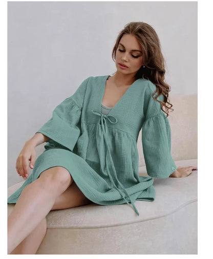 Free Shipping For Cotton ComFor t - Peplum Half Sleeve V-Neck Night Dress - Casual Sleepwear (S-XL)