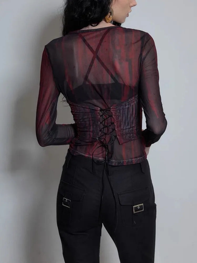 Free shipping for Coquette Sexy Tie Dye Mesh Tops Women Bandage Crop T Shirts Harajuku Gothic Grunge Aesthetic V Neck Long Sleeve Tees