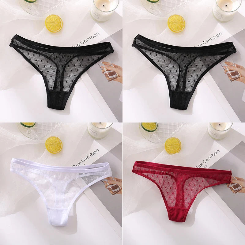 Free Shipping For Lacy Temptation - 4-Piece Transparent Lace Thong Set (M-XL)