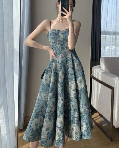 Free shipping for Summer Long Dresses Women Vintage Prints Elegant French Temper Midi Dress Stylish Partywear Sexy Ladies Sleeveless Ropa Mujer