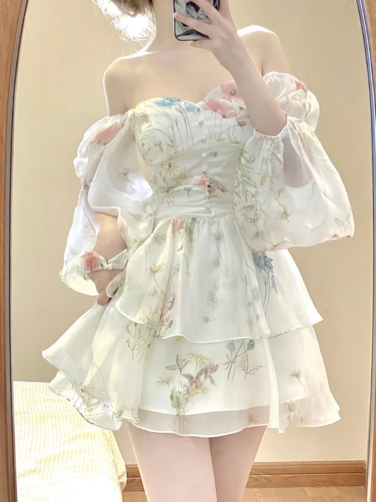 Free shipping for French Elegant Floral Mini Dress Chiffon Long Sleeve Evening Party Dress Women Holiday Beach Boho Fairy Dress Korean Robes