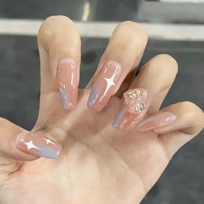 Free shipping for 24Pcs Almond Press on Nails Y2K Star Diamond Designs for Cool Girls Nude Color Fake Nails for Women Fukk Cover False Nail Tips