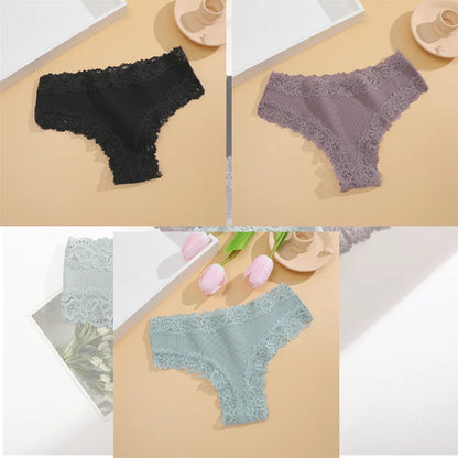 Free Shipping For Lace Brazilian Trio - 3Pcs Low Waist Cotton Panties Set (S-XL)