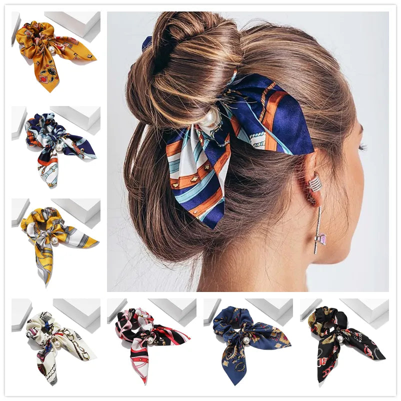 Free shipping for New Chiffon Bowknot Elastic Hair Bands For Women Girls Solid Color Scrunchies Headband Hair Ties Ponytail Holder Hair Accessorie