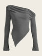 Free Shipping For Women Solid Autumn Winter Grunge Asymmetrical Neck Rib-knit Tee Strapless Blouse Long Sleeve Casual Sweater Handkerchief Hem