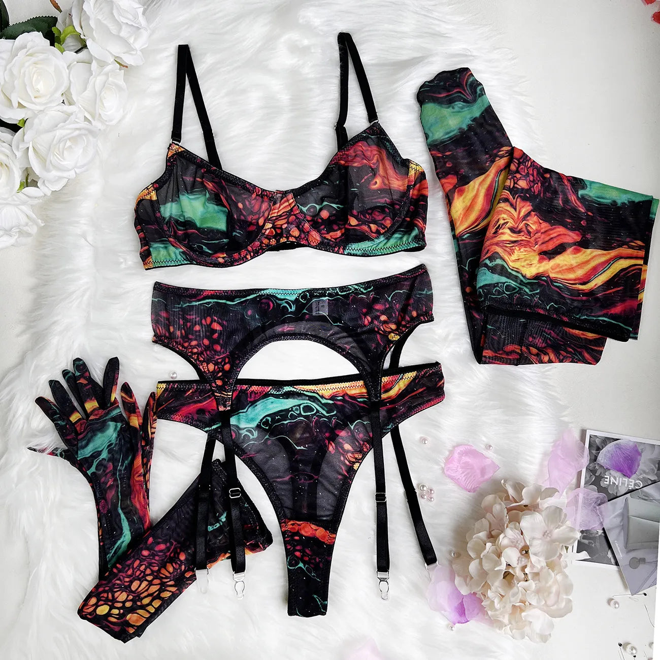 Free Shipping For Trendy Tie-Dye Lingerie Set - Lace Bra, Stockings, Gloves (S-L)