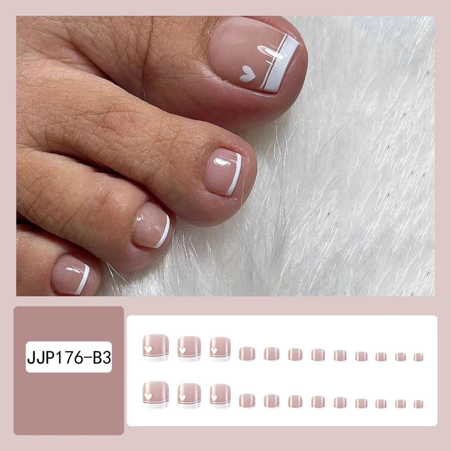 Summer French Toe Nails Set Press On Short Square Acrylic Nail Kits Wearable False Nails Nude Color Fashion Fake Feet Nail Tips