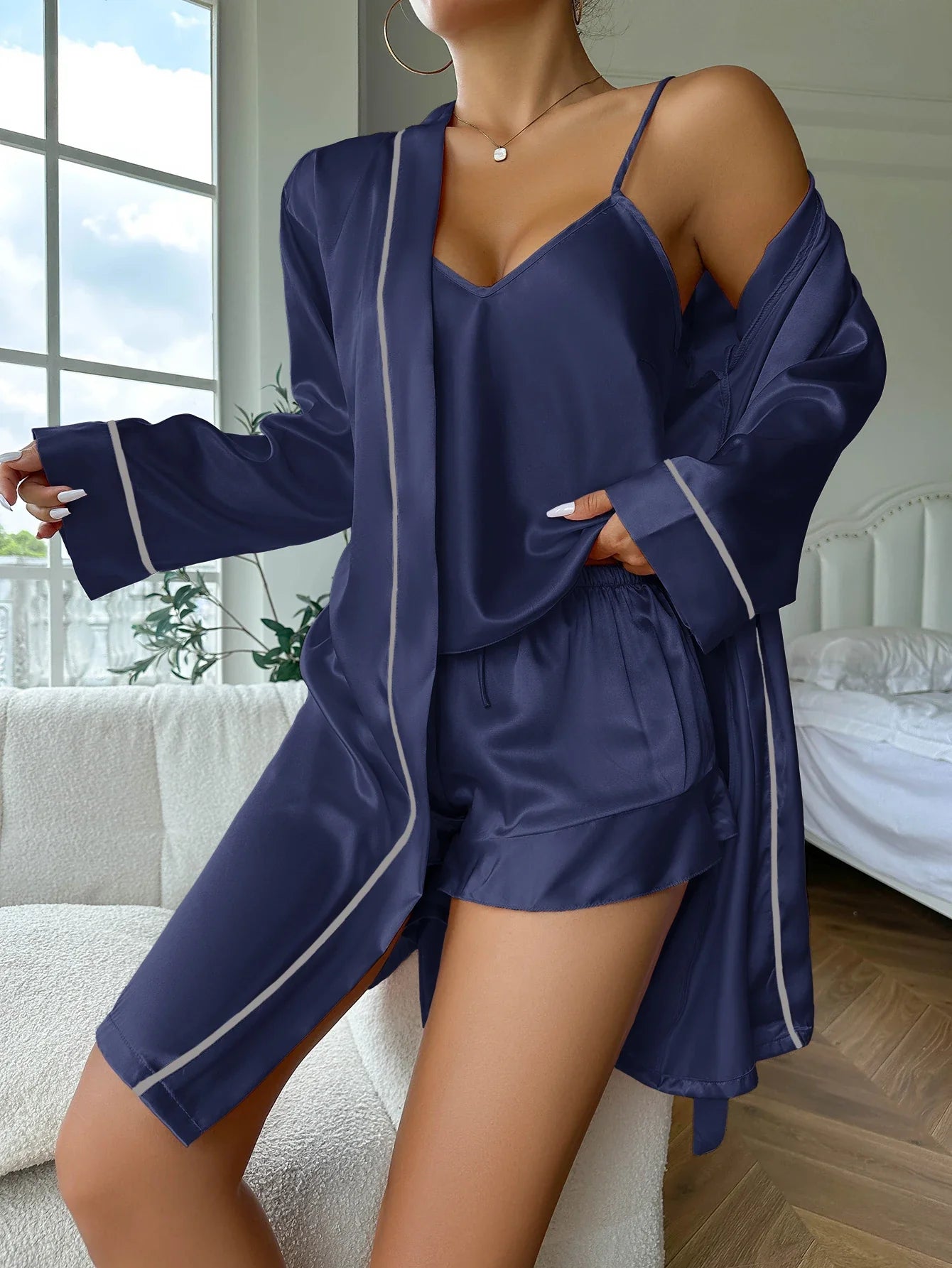 Free Shipping For Satin Dream Pajama Set - Robe, Cami Top, and Shorts Ensemble (S-XL)