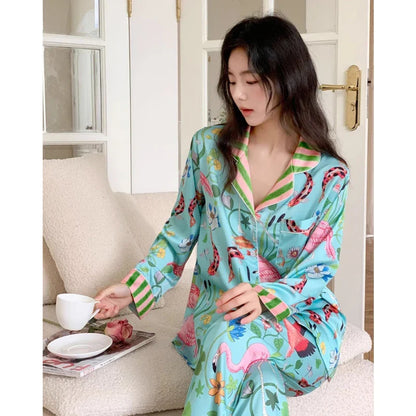 Free Shipping For Ice Silk Spring Pajama Set - Buttoned Cardigan & Print Pants (M-2XL)