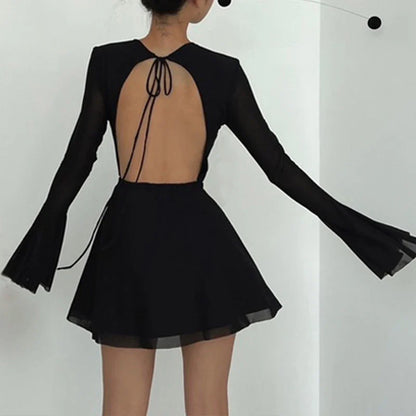 Free shipping for Autumn Black Mini Dress Women New Sexy Backless Flare Sleeve Belt Bandage Mesh O-Neck A-LINE Dress Elegant Casual Club Partywear