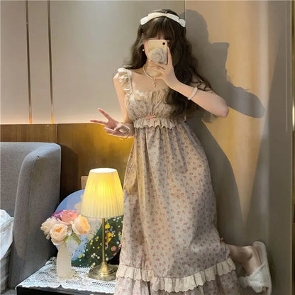 Free shipping for Korean Kawaii Princess Nightdress Women Summer Sleeveless Ruffles Printed Princess Nightgowns Sweet Girl Pajama Sleepwear Homewear Underwear