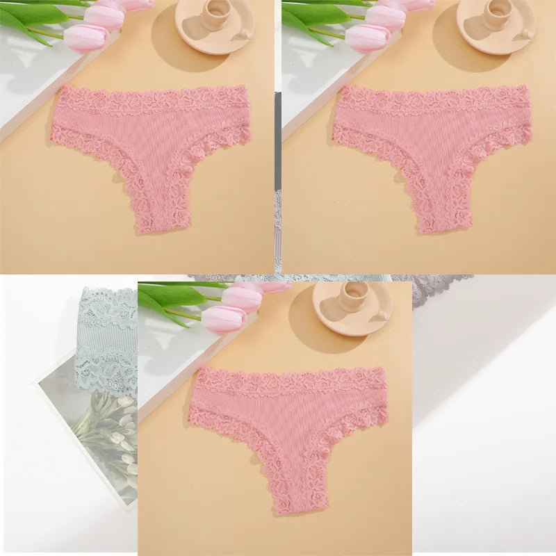 Free Shipping For Lace Brazilian Trio - 3Pcs Low Waist Cotton Panties Set (S-XL)