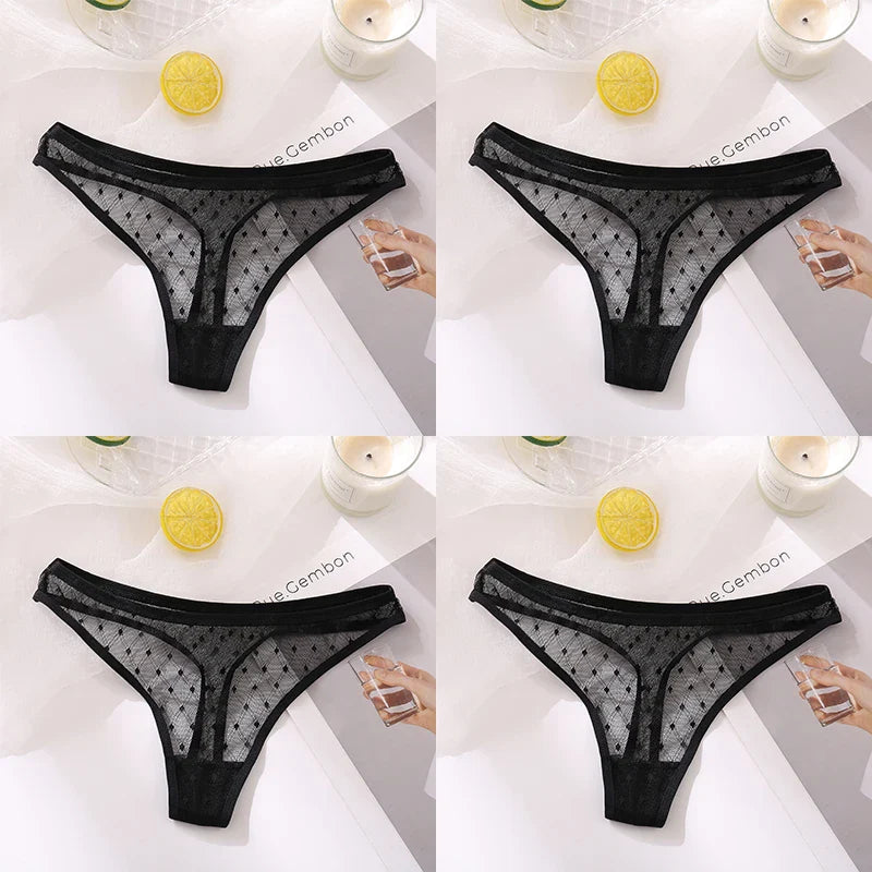 Free Shipping For Lacy Temptation - 4-Piece Transparent Lace Thong Set (M-XL)