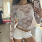 Free shipping for Floral Lace Sheer Crop Tops 90s Vintage Cottage Y2K T-shirt Coquette Fairy Women Sexy See Through Long Sleeve Tees Cover-ups