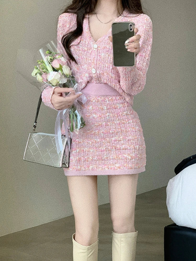 Free shipping for Two Piece Dress Set Sweet Cardigan Sweater + Slim Skirt Pink Elegant  Mini Dress Autumn Office Lady Casual Knitted Suits