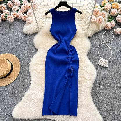 Free shipping for Fashion Summer Bodycon Knitted Dress Sexy Package Hips Drawstring Split Black Women Dress Basic Lady Party Vestidos