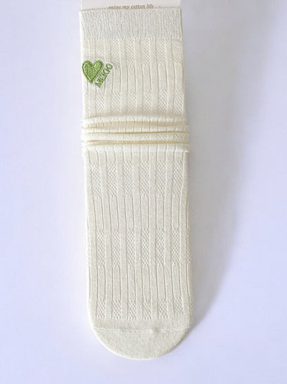 Women's Striped and Heart Embroidered Socks in Green Tones