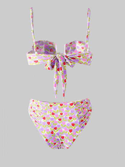 Free Shipping For Light Purple Flowers High-Waisted Bikini Set