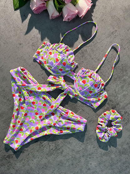 Free Shipping For Light Purple Flowers High-Waisted Bikini Set