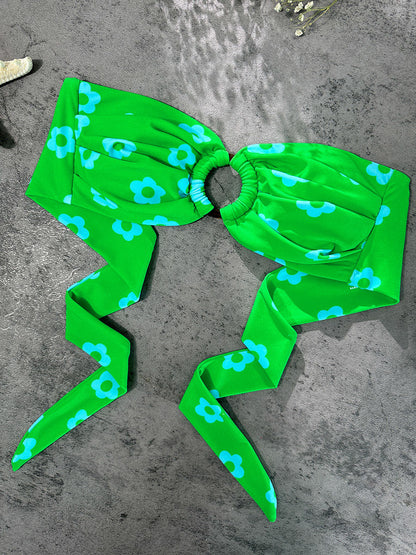 Free Shipping For Green Floral Print Double layer Bikini Set