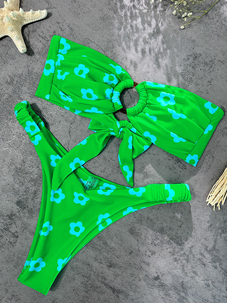 Free Shipping For Green Floral Print Double layer Bikini Set