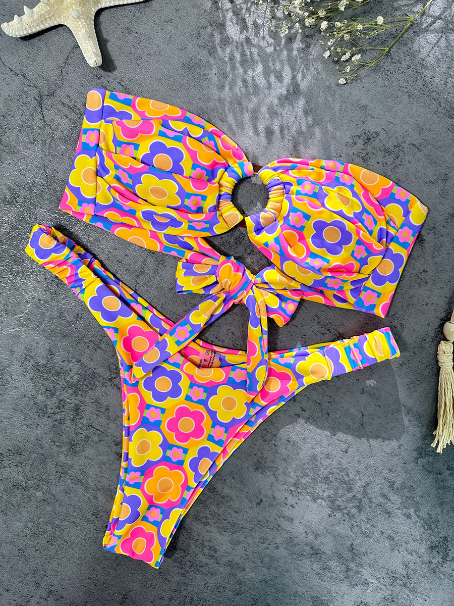 Free Shipping For Multi Floral Print Double layer Bikini Set