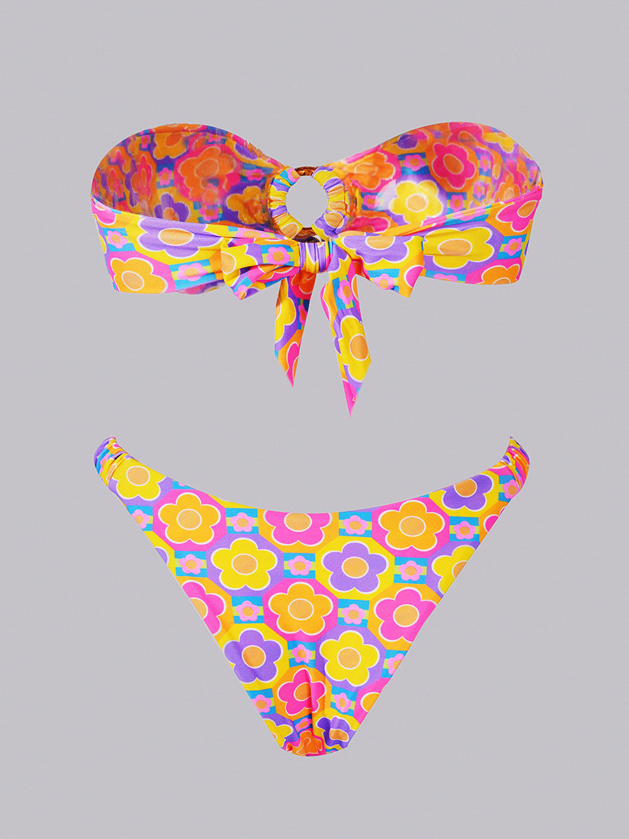 Free Shipping For Multi Floral Print Double layer Bikini Set