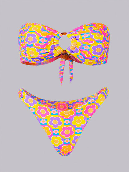 Free Shipping For Multi Floral Print Double layer Bikini Set