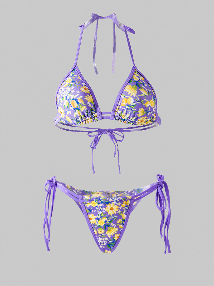 Free Shipping For Purple Flowers Double Fabric Bikini Set